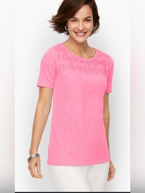 Talbots Pink Embroidered Short Sleeve Knit Top Women's Medium